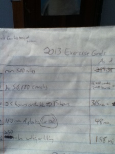 My official (slightly weathered) sheet of 2013 exercise goals